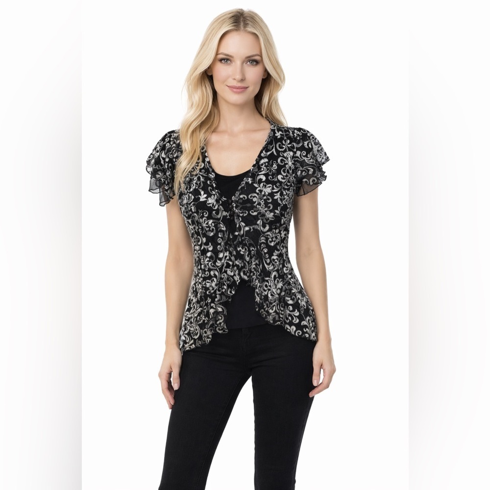 New Directions Womens Petite Small Black White Lace Overlay Ruffle Top